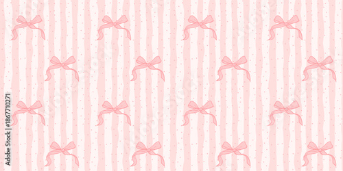 Coquette Seamless Pattern Pink Hand Drawn Stripes with Pastel cute Bow and Ribbon. Wave lines print background. Girly wrapping paper background for Valentine and Birthday. Vector illustration art
