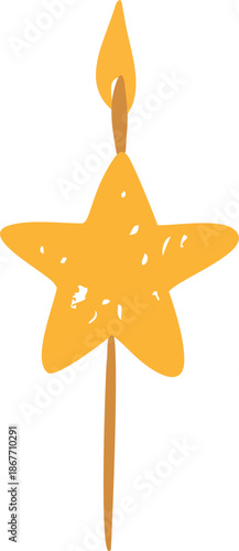 Burning candle star shape on stick vector crayon sketch, hand drawn yellow candle lighting, Birthday holiday decoration