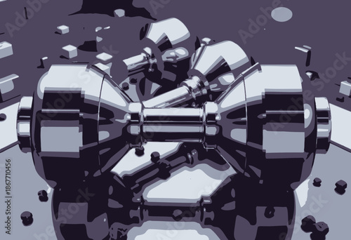 Sleek Shiny Silver Dumbbells Resting on Reflective Surface Surrounded by Small Cubes and Debris in Modern Fitness or Weightlifting Environment