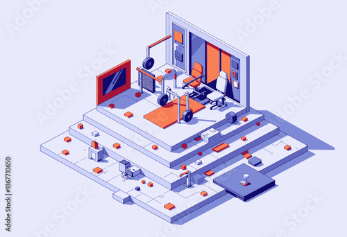 Isometric depiction of a futuristic home gym with advanced workout equipment and digital interfaces on a multi-level platform