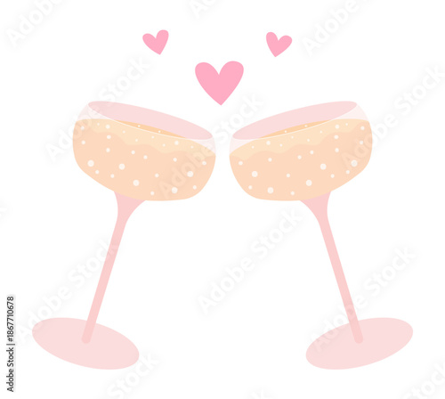 Clinking champagne glasses with hearts vector flat illustration