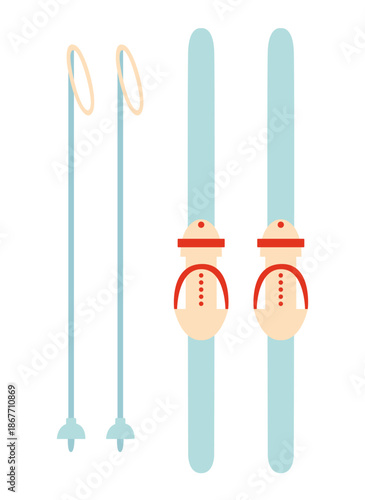 Skis and ski poles vector flat illustration