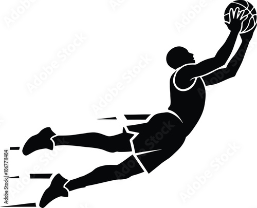 Dynamic basketball player executing a powerful slam dunk in mid-air, black silhouette graphic, isolated on white background, sports action illustration