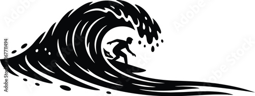 Surfing Action with Surfer Riding Giant Ocean Wave at Beach Shoreline Captured from Side View during Sunny Day Outdoors