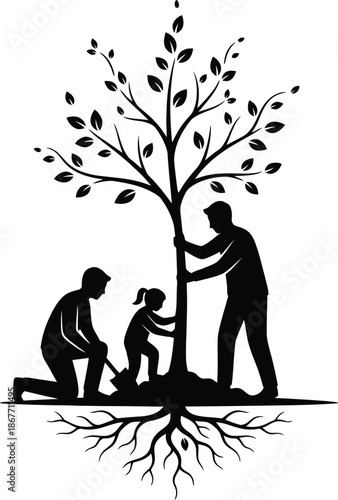 Tree Planting Activity with Family Participants in Outdoor Nature Setting, Silhouette Illustration Depicting Environmental Care and Growth Concept from Side View