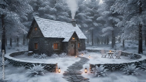 Winter cabin in the forest surrounded by trees covered in snow