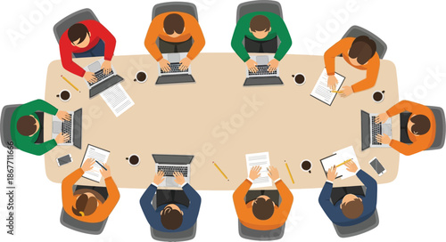 Top view of business meeting with diverse professionals gathered around oval table discussing documents in modern office environment collaborative teamwork