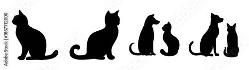 Black cat silhouettes vector illustration featuring feline pets in various poses and shapes