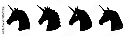 Four black unicorn silhouettes vector illustration mythical creatures fantasy art design graphic element isolated on white background