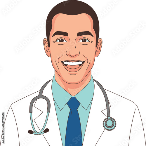 Smiling Male Doctor Wearing White Coat and Stethoscope in Medical Office Portrait, Healthcare Professional, Clinic Environment, Front View