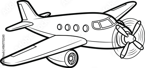 Propeller airplane vector illustration, aircraft design, side view, black and white graphic, aviation transport technology, simple line art concept