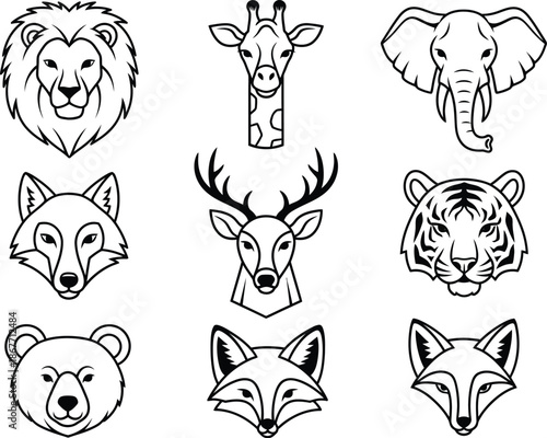 Illustrated Animal Faces Featuring Lion, Giraffe, Elephant, Fox, Deer, Tiger, and Bear Line Art in Minimalist Graphic Style, Front View on White Background
