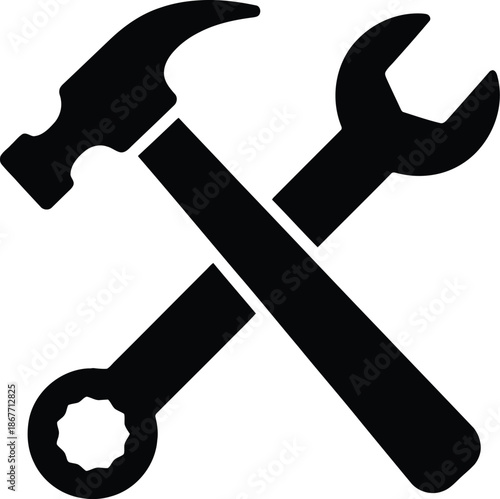 Crossed hammer and wrench icon representing tools for repair and maintenance in a simple graphic illustration with flat design concept