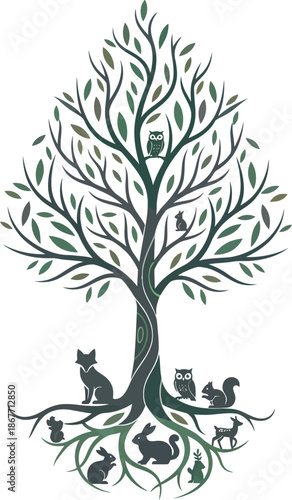 Artistic Tree with Cats and Kittens Rooted Below, Digital Illustration, Indoor Concept, Front View, Nature and Animals Harmony