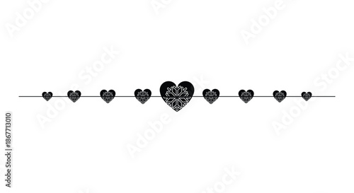Elegant horizontal row of black heart silhouettes on a thin line. Minimalist vector divider or border design for Valentine's Day, wedding invitations, romantic greeting cards, and love concepts.