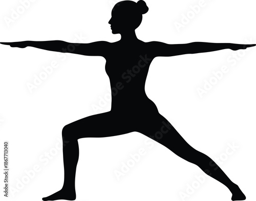 Yoga pose silhouette, woman practicing warrior pose, studio environment, vector illustration, side viewpoint, fitness and mindfulness concept