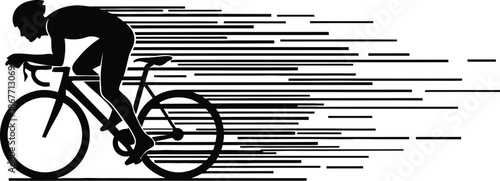 Cyclist Racing on Road Bike in Speed Motion Graphic Illustration, Dynamic Sport Action, Minimalist Design, Side View, Concept of Velocity and Endurance