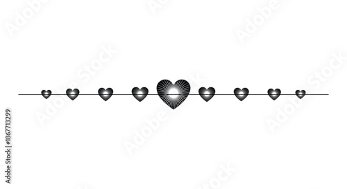 Elegant horizontal row of black heart silhouettes on a thin line. Minimalist vector divider or border design for Valentine's Day, wedding invitations, romantic greeting cards, and love concepts.