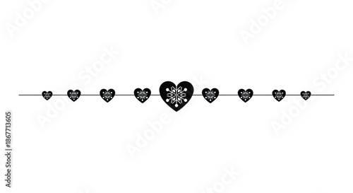 Elegant horizontal row of black heart silhouettes on a thin line. Minimalist vector divider or border design for Valentine's Day, wedding invitations, romantic greeting cards, and love concepts.