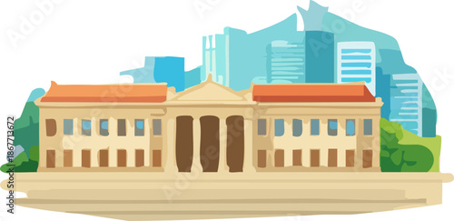 A flat vector illustration shows a classical historic building with columns and red roofs set against a modern city skyline and greenery.