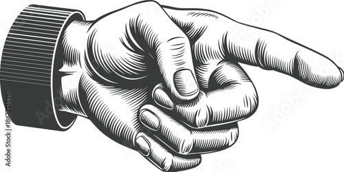 Engraved-style illustration of a human hand pointing right with detailed shading and cuffed wrist for signage and instructional design use.
