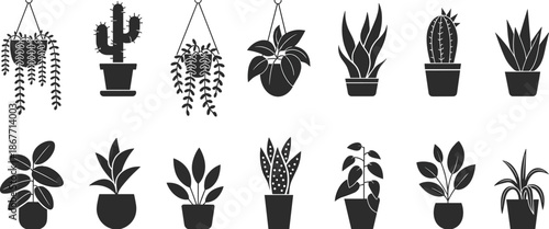 Indoor houseplants silhouettes vector illustration set featuring potted and hanging plants cactus and tropical foliage in minimal black style for interior design decor branding