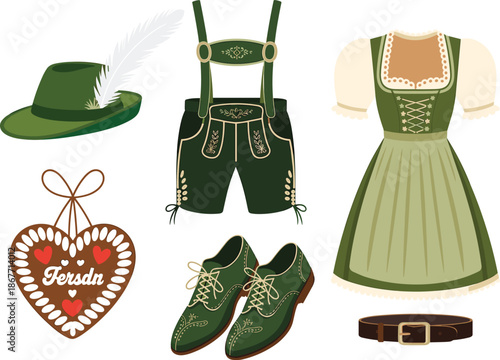 Illustration set of traditional Bavarian clothing and accessories including dirndl, lederhosen, alpine hat, and gingerbread heart for Oktoberfest themes.