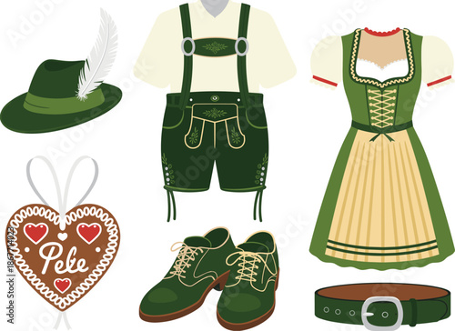 Bavarian Oktoberfest traditional clothing vector illustration set featuring dirndl lederhosen alpine hat shoes belt and gingerbread heart in classic German folk festival style