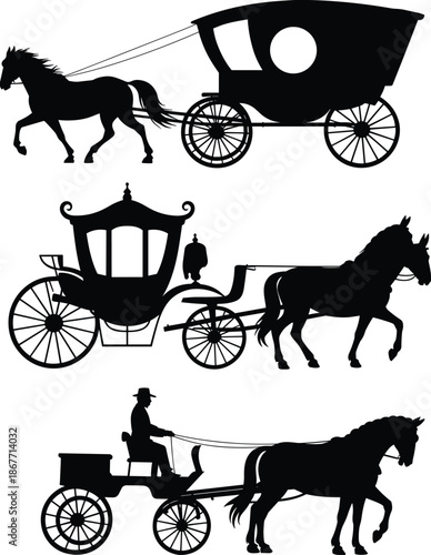 Horse carriage silhouettes vector illustration set featuring vintage wagons coaches and carts in black style for historical transport design wedding decor and retro graphics projects