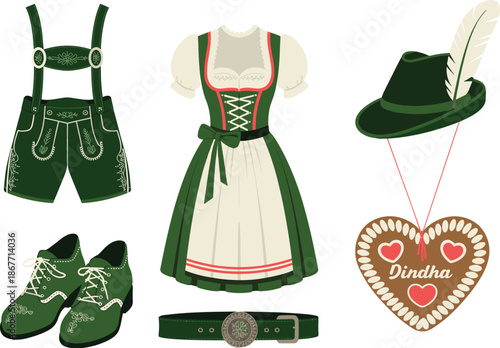 Traditional Bavarian Oktoberfest clothing vector illustration set featuring dirndl lederhosen alpine hat shoes belt and gingerbread heart in classic German folk festival style