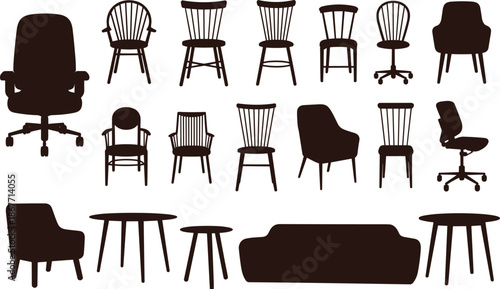 Silhouette illustration set of 22 furniture pieces including chairs, tables, and sofa for interior design and layout planning reference.
