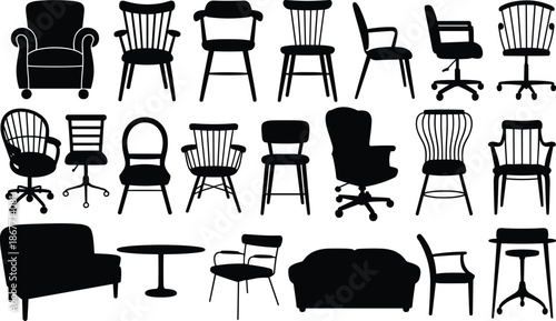 Furniture chairs and sofas silhouettes vector illustration set featuring classic modern and office seating designs in black minimal style for interior design layouts icons and home decor graphics
