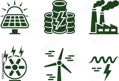 Energy production icons vector illustration set featuring renewable and nonrenewable power sources including solar wind nuclear batteries and factory emissions in flat green style