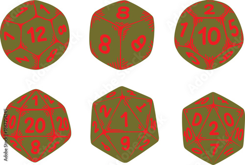 Polyhedral gaming dice vector illustration set featuring colorful numbered d4 d6 d8 d10 d12 and d20 dice for tabletop RPG board games fantasy and gambling designs