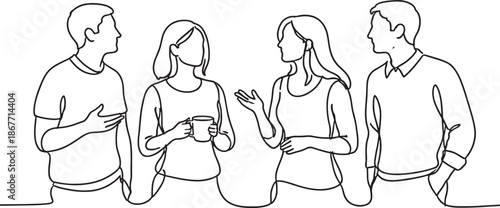 four people talking to each other in a line drawing style