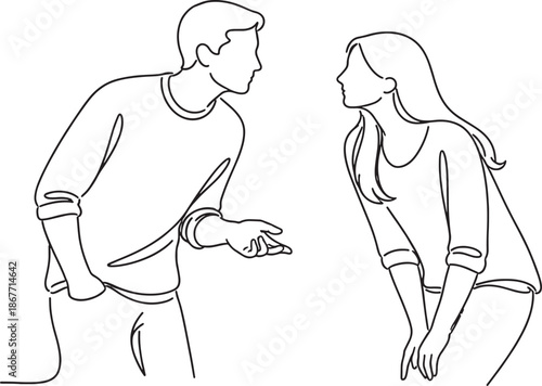 Line drawing of man and woman having conversation on a transparent background