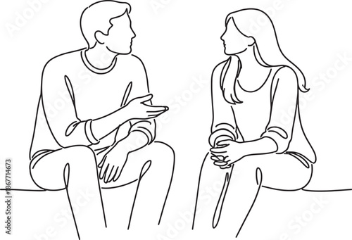 man and woman sitting and talking to each other