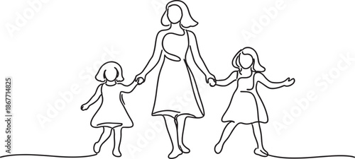 Mother and Two Daughters Holding Hands Illustration