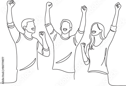 people celebrating with raised fists and smiling faces