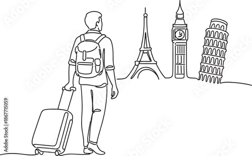 Travelers sightseeing iconic landmarks of Europe illustration