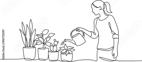 Woman watering potted plants on transparent background