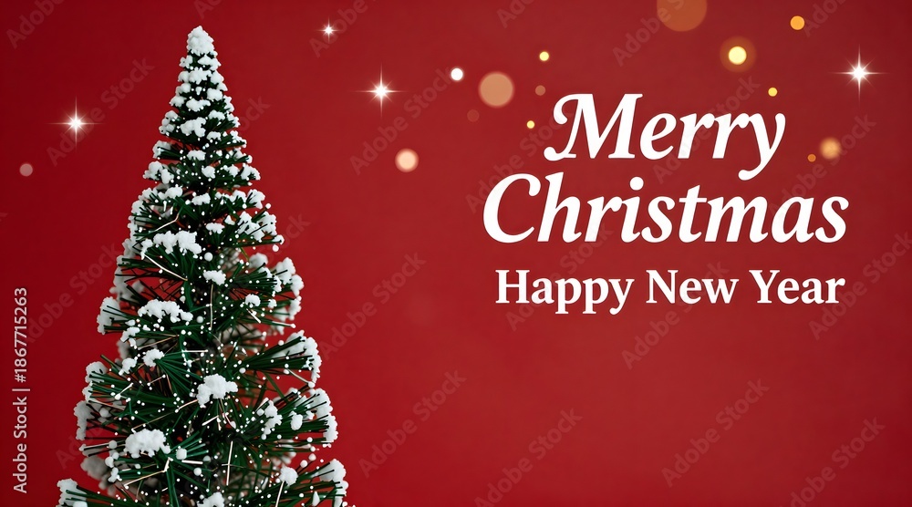 Fototapeta premium Festive christmas scene with green christmas tree on a red background