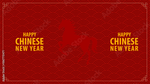 Chinese New Year  banner and background with horse, water wave, and floral decorations  modern red color template and pattern
