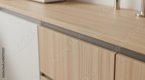 Close up of wooden cabinets with a gray accent for simple and modern style