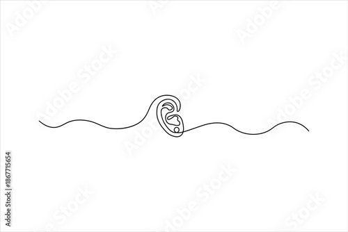 Continuous one-line drawing of a human ear profile. Minimalist medical symbol for hearing and audiology. Simple black line art on a white background.
