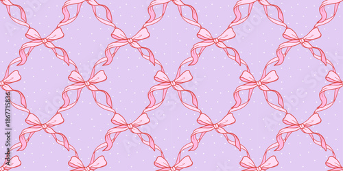 Coquette Seamless Pattern Pink Bow with Ribbons on Purple backdrop. Cute repeat wallpaper texture. Girly wrapping paper background for Valentine and Birthday. Vector illustration art