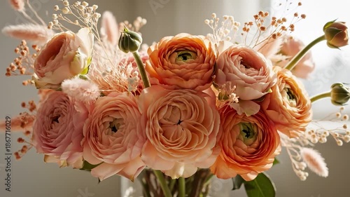Beautiful peach roses in a glass vase on a white table