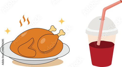 Whole roasted turkey or chicken on plate with steam and cold drink vector illustration