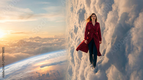 Woman in red coat standing on towering clouds above Earth at sunrise