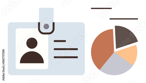 Business documentation, data visualization, presentation design, identity verification, analytics, office tools. an ID badge and colorful pie chart. Identity verification and data visualization